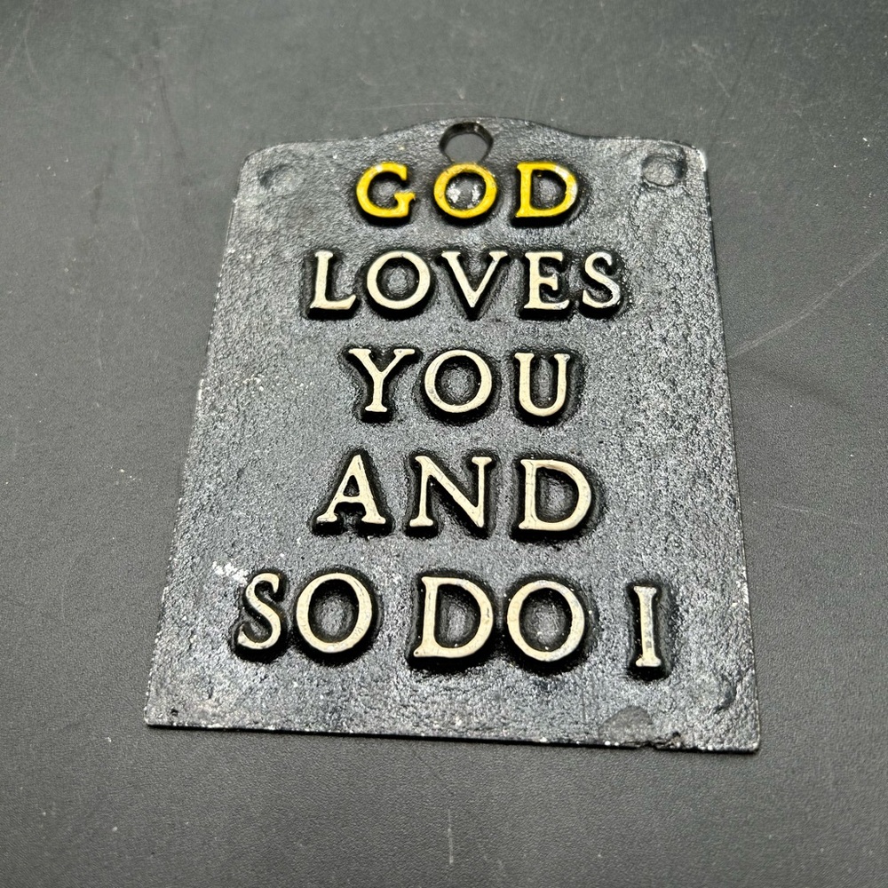 cast metal wall trivet, farmhouse, God loves you so do I, religious, Christian